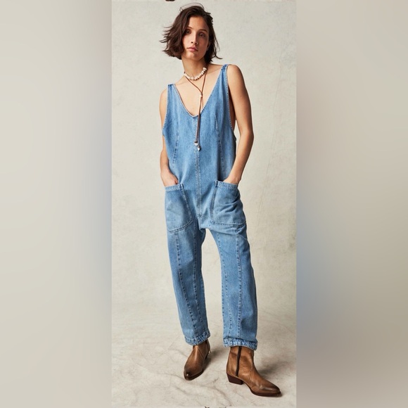 Free People High Roller Denim Jumpsuit Overalls Baggy Relaxed Size Large - Picture 6 of 7